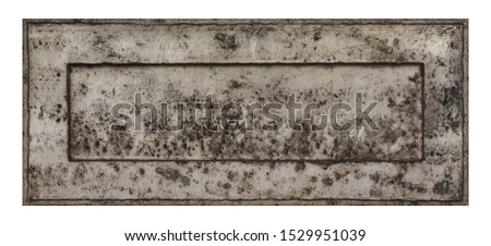 Old stone carved shabby ragged tile on white. Corroded rusty natural slab destroy structure backdrop. Urban texture of ancient exterior facade. Spooky textured background for a 3D fortress pattern