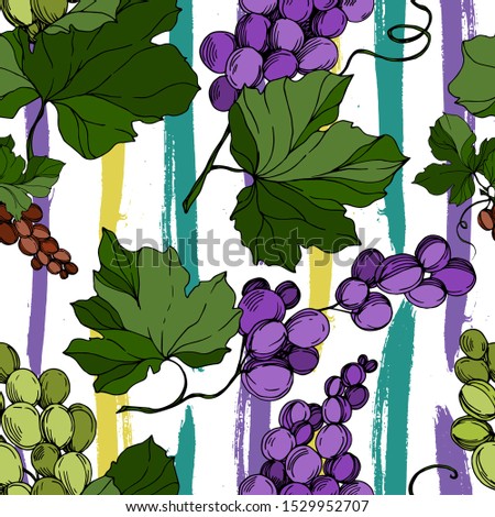 Grape berry healthy food. Black and white engraved ink art. Seamless background pattern. Fabric wallpaper print texture.