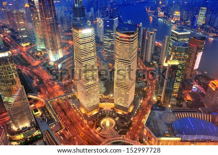 Shanghai aerial view with urban architecture at dusk