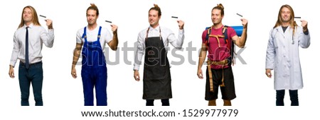 Set of traveler, hiker, doctor, barber and business man holding a credit card
