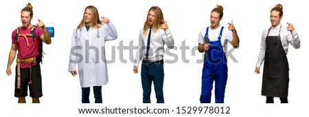 Set of traveler, hiker, doctor, barber and business man frustrated by a bad situation and pointing to the front