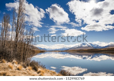 Mountain Landscape Lake In The Mountains, Beautiful Reflection Mountains On Water Surface, Panoramic View Of Scenic Landscape In Canterbury, South Island, New Zealand, Popular Travel Destination