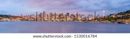 Seattle, Washington, USA skyline on Lake Union at dusk.