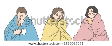 A man and a woman are covering the blanket and shivering in the cold. hand drawn style vector design illustrations. 