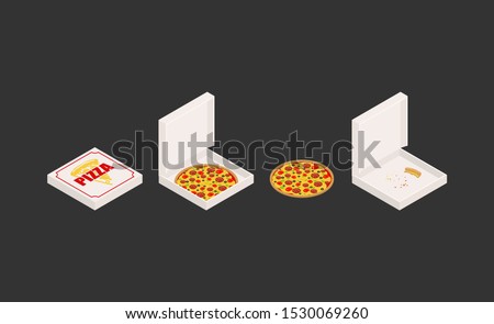 Pizza and box set. Closed and open box. Fast food Vector illustration