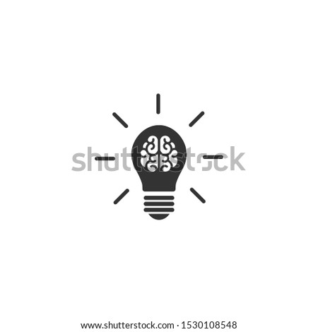 A black bulb with brain and rays flat icon. Isolated on white. New idea, intellect, clever, creative symbol. Smart technology sign. Vector illustration.  Knowledge, solution, innovation sign. Royalty-Free Stock Photo #1530108548