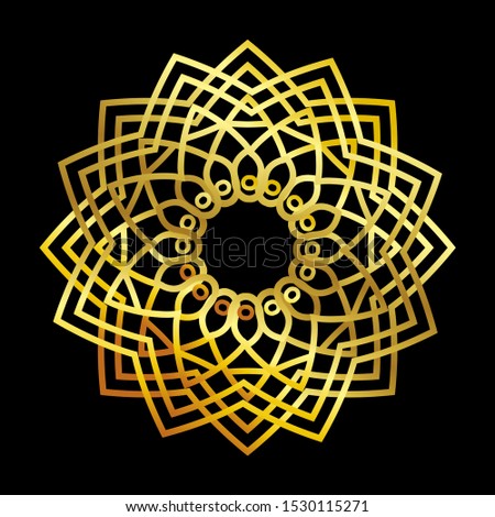 Mandala gold round ornament pattern on black background. For Henna, Mehndi, tattoo, decoration, print, wrapping, wall, carpet. Decorative ornament in ethnic oriental style vector illustration.
