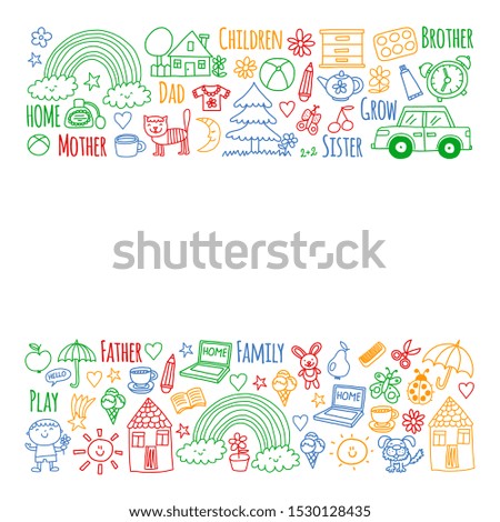 Pattern with family. Mother and father with little children and items for home. Boys and girls with parents. Kindergarten illustration.
