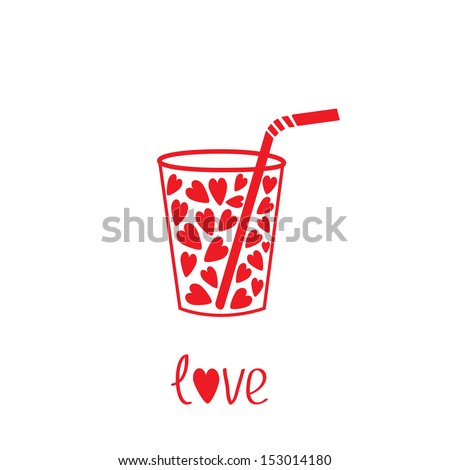 Martini glass with straw and hearts inside. Vector illustration.  Card