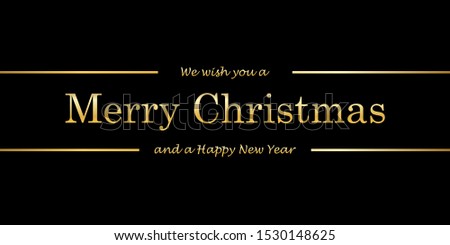 Christmas tree card, wishes text, black background. Gold Merry Christmas, symbol Happy New Year holiday celebration. Golden light decoration. Bright shiny design Vector illustration