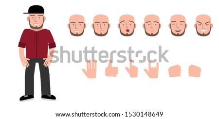 Street styled man cartoon character set. Flat vector. Pack of emotions and gestures.
