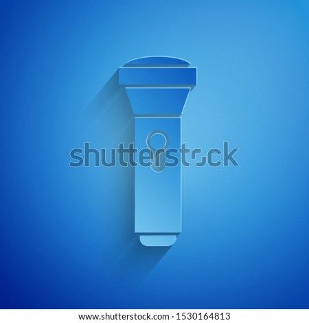 Paper cut Flashlight icon isolated on blue background. Paper art style. Vector Illustration