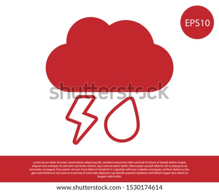 Red Cloud with rain and lightning icon isolated on white background. Rain cloud precipitation with rain drops.Weather icon of storm.  Vector Illustration