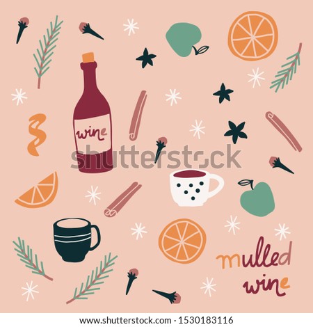 Autumn winter mulled wine clip art set. Illustration doodle wine and spices. Greeting card, poster, design elements