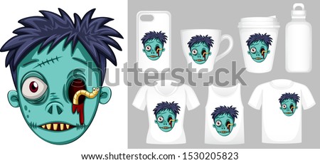 Graphic of zombie head on different product templates illustration