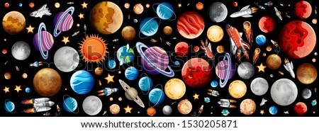 Background design with many planets in space illustration