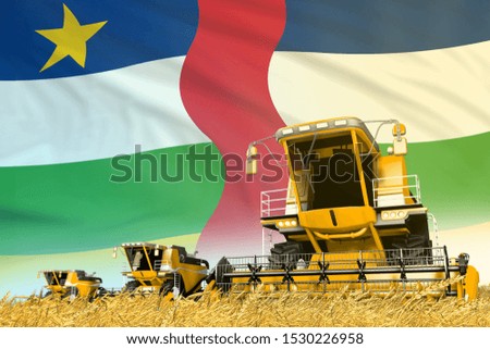 industrial 3D illustration of yellow wheat agricultural combine harvester on field with Central African Republic flag background, food industry concept