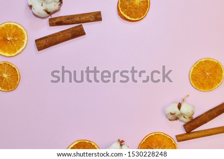 Gift designer floral background with place for your text. Pink wallpaper with decorative elements. Slices of dry orange, cinnamon on a delicate pink background.
