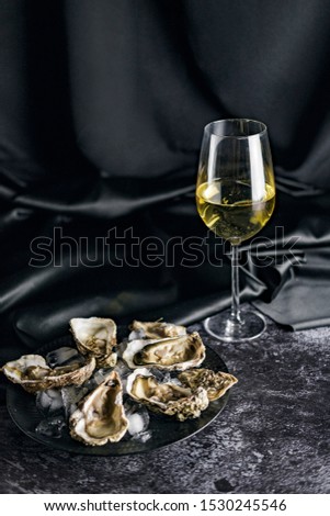 Opened oysters and white wine on stone table. Royalty-Free Stock Photo #1530245546