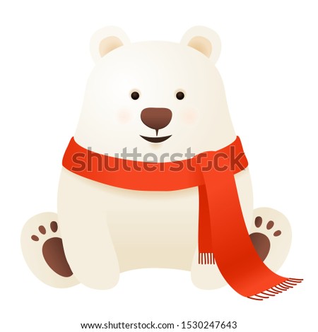 Cute polar bear with scarf, winter christmas vector illustration