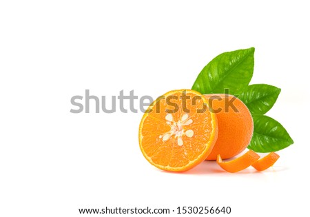 Fresh orange with leaves isolated on white background, Clipping path, Copy space.