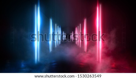 Wet asphalt, concrete, road. Night view of a dark neon scene. Neon lights, lines, rays of blue red neon. Abstract light, virtual scene.
