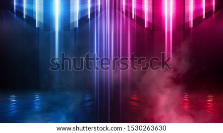 Wet asphalt, concrete, road. Night view of a dark neon scene. Neon lights, lines, rays of blue red neon. Abstract light, virtual scene.