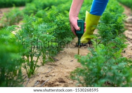 Measure soil with digital device. Green plants and woman farmer measure PH and moisture in the soil. High technology agriculture concept. Royalty-Free Stock Photo #1530268595