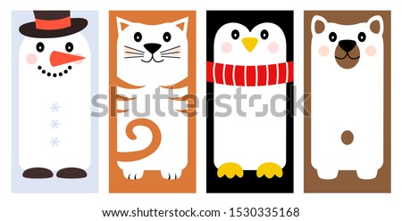 Christmas animal face icon, cartoon vector characters, cute snowman, cat, penguin, bear. Winter holiday illustration