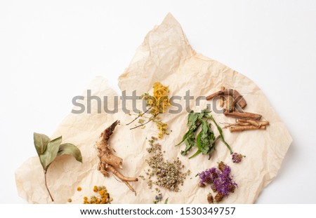Herbs for the preparation of fees, the use of additives to tea to strengthen the body and in folk medicine Royalty-Free Stock Photo #1530349757