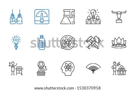 power icons set. Collection of power with gas, fan, atom, lion, crown, hammer, atoms, oils, idea, buffalo, fuel, voltmeter, boxing glove. Editable and scalable power icons.