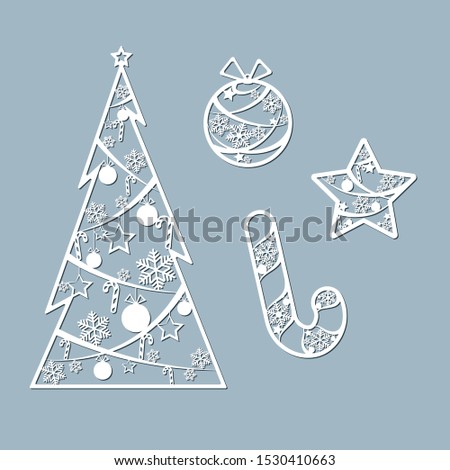 Lasercut Christmas tree ball candy toy star Christmas theme Set Design element of a lasercut lace Christmas toys for laser cutting New Year greeting card Stencil for laser cutting Isolated Vector