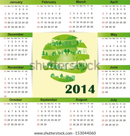 Cute and green calendar on 2014 year