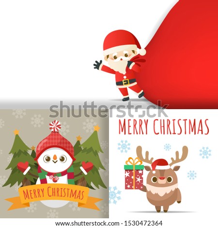 Merry Christmas with set of greeting card, Cute cartoon character little Santa Claus, snowman, christmas tree, gift boxs, snow on cards. Vector Illustration.