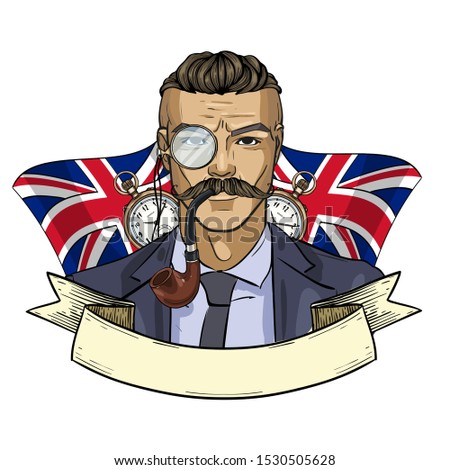 Hand drawn color sketch, british man with smoking pipe. Poster, flyer design