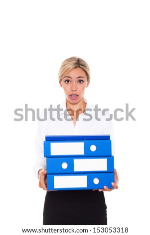 tired bored overworked business woman hold folder stack hands, looking sad at camera, young businesswoman workout concept work problem, isolated on white background