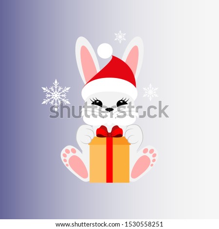 Bunny with a gift in a Christmas cap. Flat vector illustration. Can be used for design greeting card, invitation or banner , logos , icons for mobile applications.