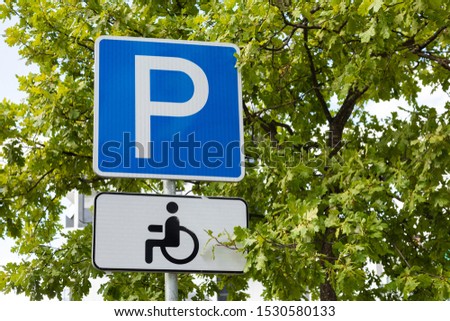 Close-up of roadsign Disabled bay standing in trees