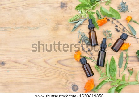 Herbal medicine, phytotherapy, natural remedies, essential oil, hydrosol, extract in brown bottles, fresh herbs and flowers, wooden rustic background.