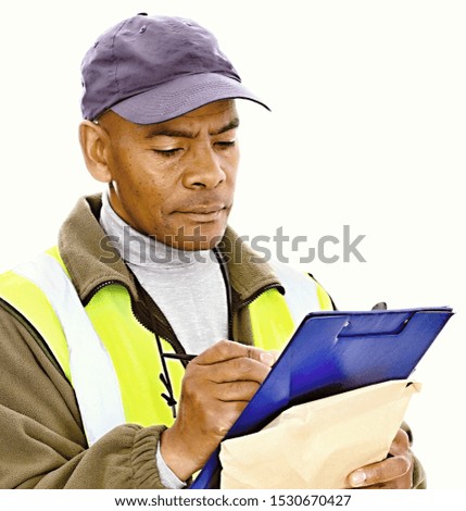delivery man delivering parcel with white background stock photo
