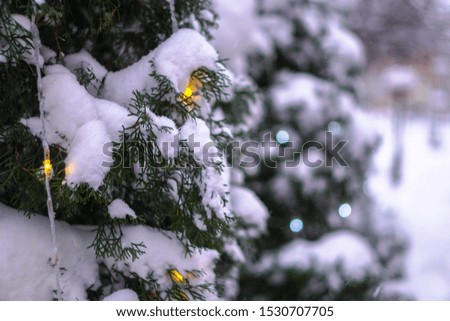 Beautiful Christmas background with garlands and bokeh. New Year colorful picture. Photo of a winter city street for design