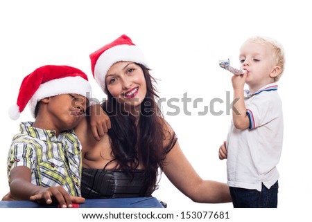 Happy woman with children celebrate Christmas, isolated on white background.