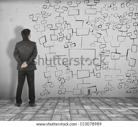 Business man see chart on  White Brick floor and Concrete wall Royalty-Free Stock Photo #153078989