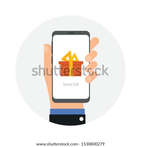 hand holding smart phone with send gift app  icon showing on display, vector and illustration. 