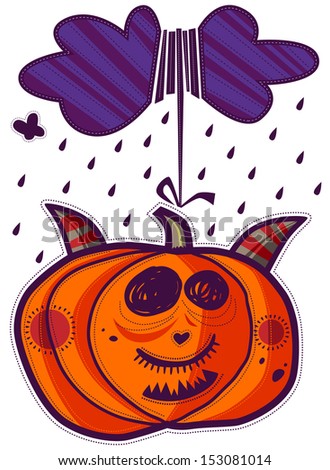 Pumpkin with horns hanging suspended from the cloud. Clouds of rain.