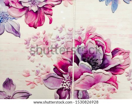 Beautiful abstract tree leaves on white granite rock texture and gray and black granite marble surface colorful pink flowers on tiles floor pattern and wood floor background