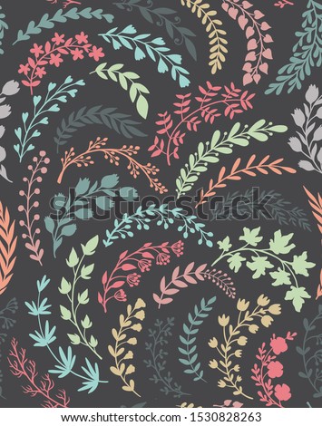 Seamless pattern with hand drawn leaves and branches. Vector endless natural background. The elegant illustration for fashion prints, fabric, scrapbook.
