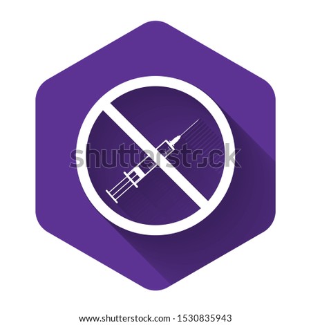 White No vaccine icon isolated with long shadow. No syringe sign. Vaccination, injection, vaccine, insulin concept. Purple hexagon button. Vector Illustration