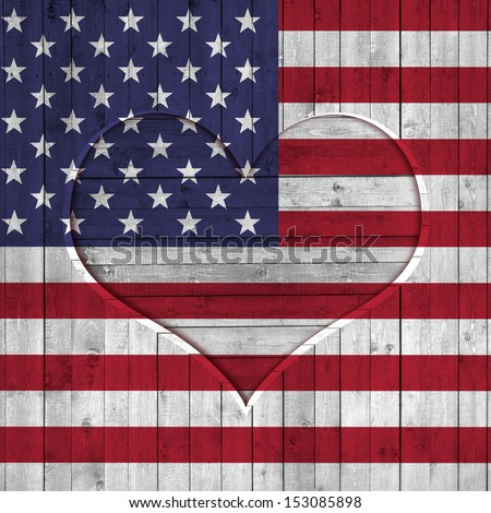 American flag, wooden background with heart