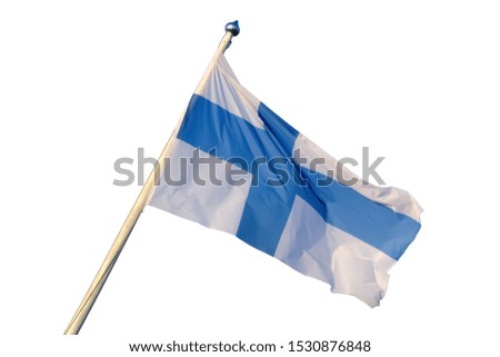 Finland national flag waving on the wind isolated on white background. Real Finnish flag on flagpole,